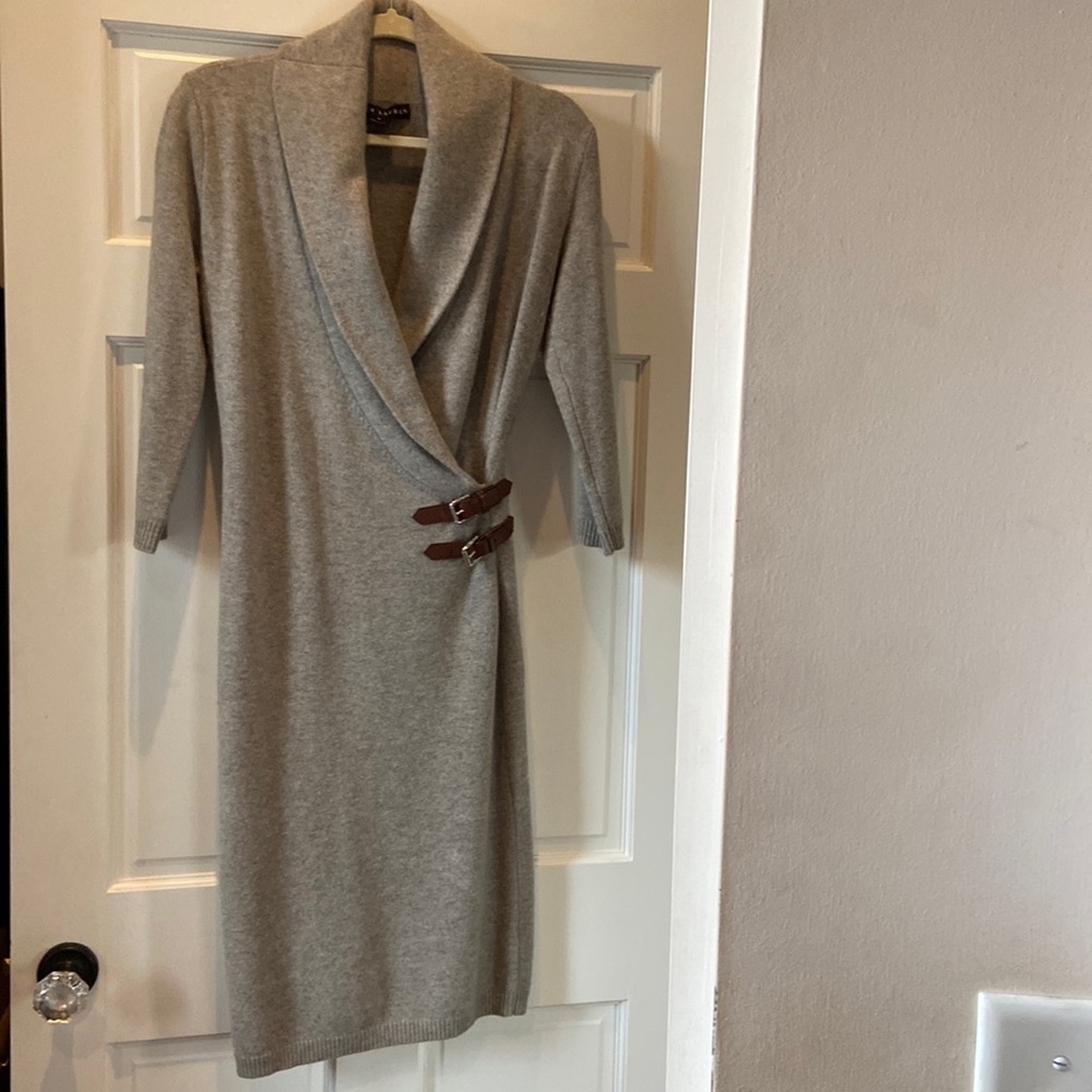 Ralph Lauren wool/cashmere/silk/angora wrap dress. Shawl collar. Buckle detail